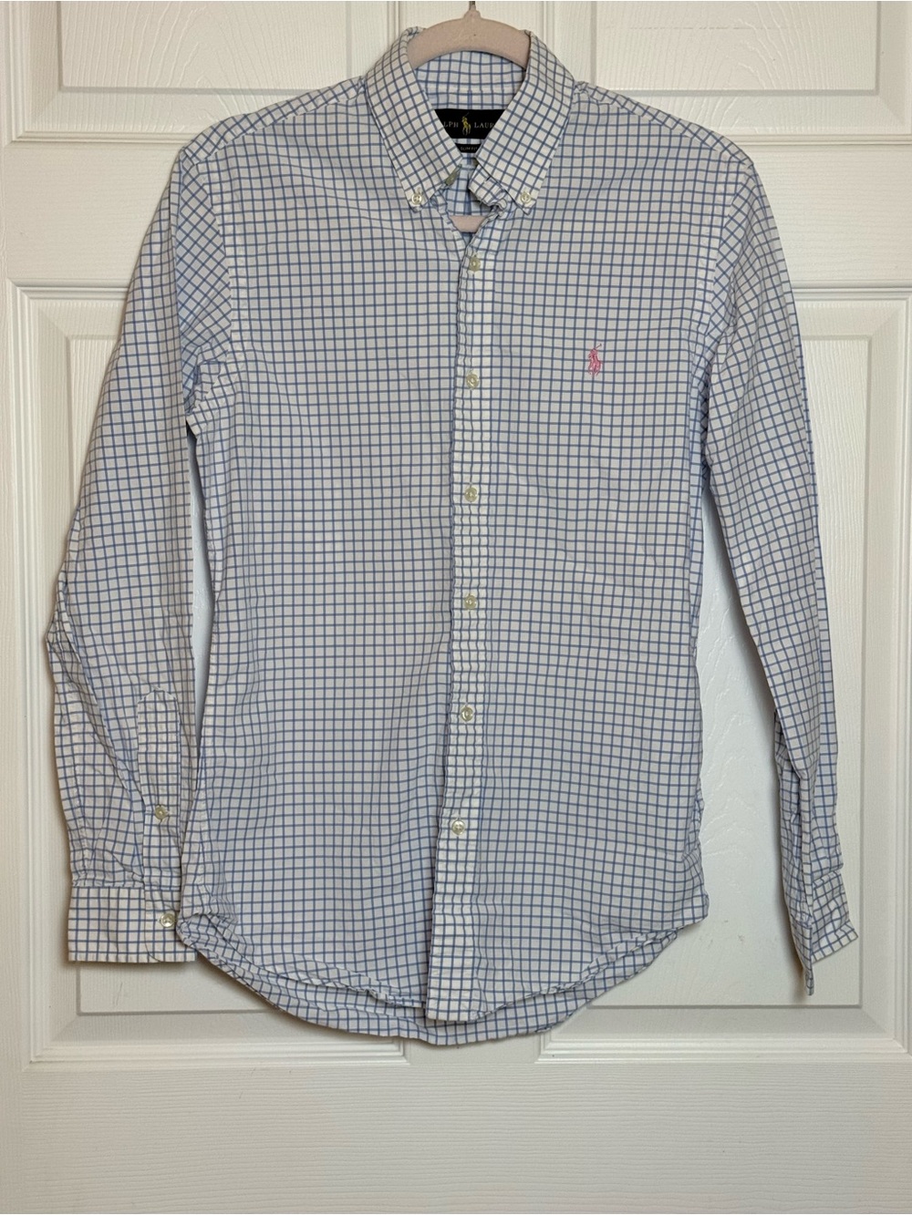 Ralph Lauren Light Blue and White Windowpane Button-Down Shirt Small Slim Fit